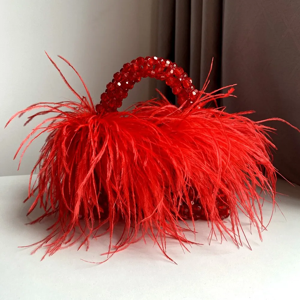 Pearl Bead Bag With Ostrich Feather Fur Designer Brand Clear Acrylic Crystal Stone Box Tote Handbag Women Handmade Party Purse