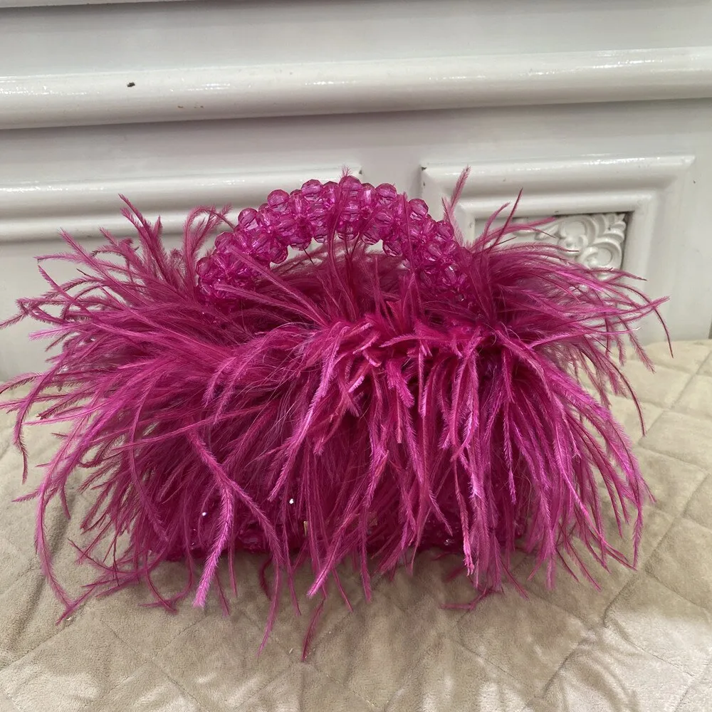Pearl Bead Bag With Ostrich Feather Fur Designer Brand Clear Acrylic Crystal Stone Box Tote Handbag Women Handmade Party Purse