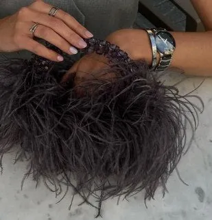 Pearl Bead Bag With Ostrich Feather Fur Designer Brand Clear Acrylic Crystal Stone Box Tote Handbag Women Handmade Party Purse