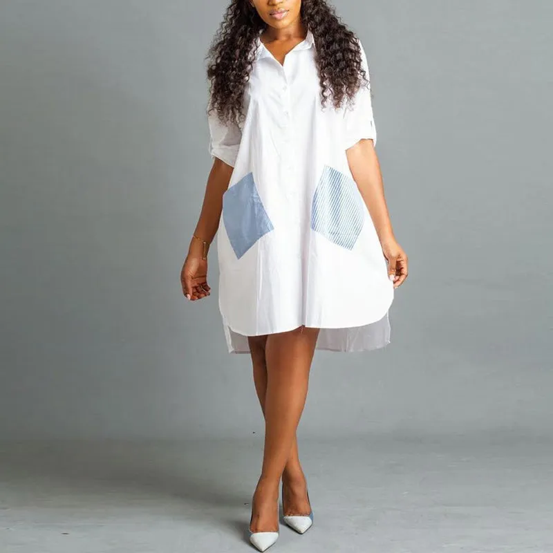 Pocket Strip Design Colorblock Half Sleeve Dress