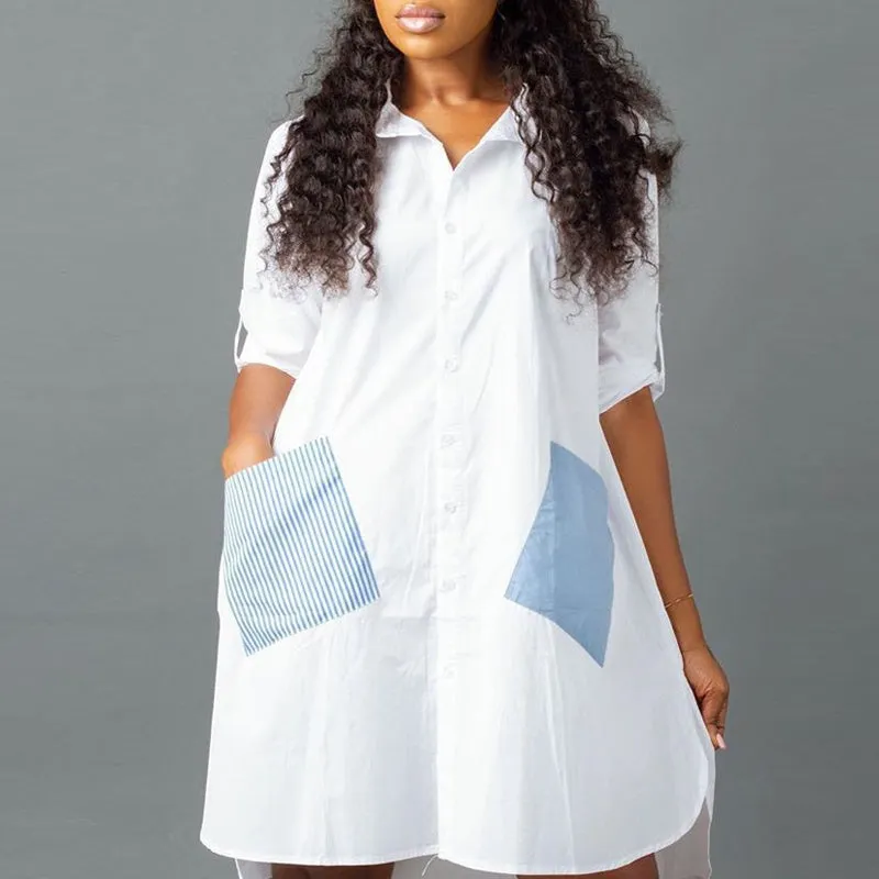 Pocket Strip Design Colorblock Half Sleeve Dress