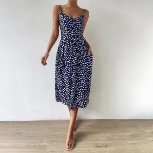 Polka Dot Bohemian Midi Dress with Spaghetti Straps