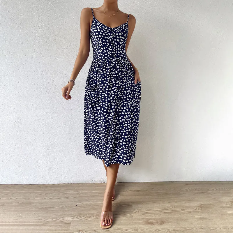 Polka Dot Bohemian Midi Dress with Spaghetti Straps