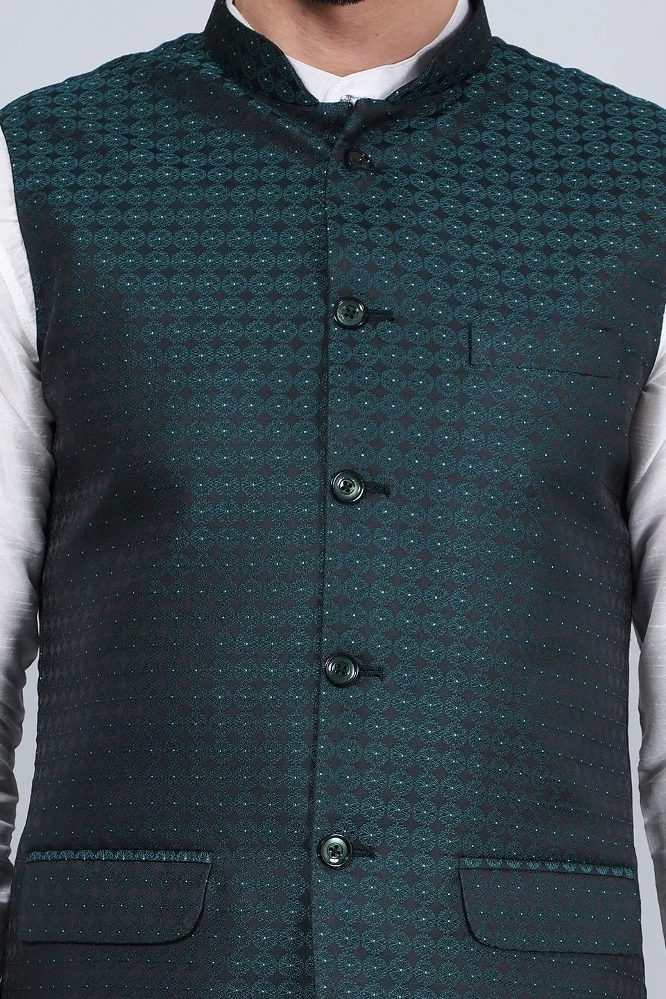 Poly Viscose (BY RAYMOND'S ETHNIC) Green Modi Nehru Jacket