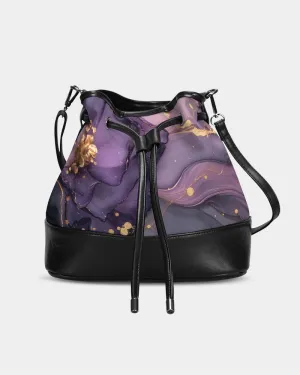 Purple and Gold Acrylic Pour Mini Drawstring Bucket Bag