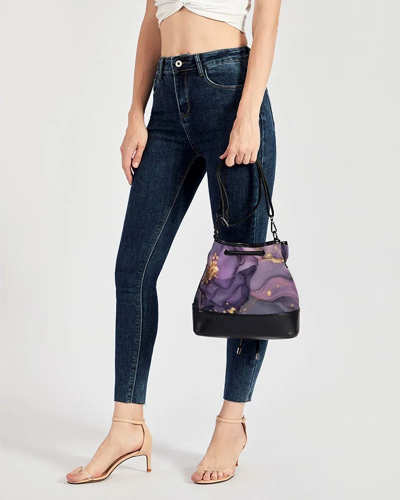 Purple and Gold Acrylic Pour Mini Drawstring Bucket Bag