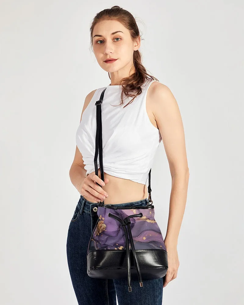 Purple and Gold Acrylic Pour Mini Drawstring Bucket Bag