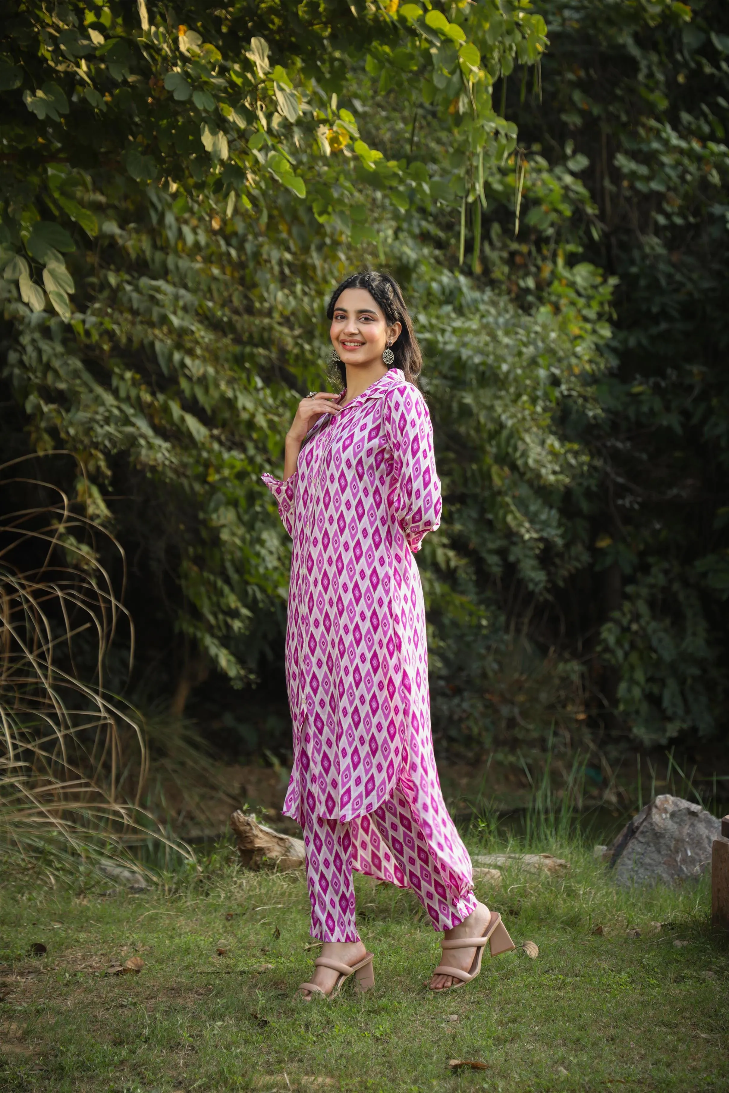 Purple Muslin Ikat Print Co-Ord Set