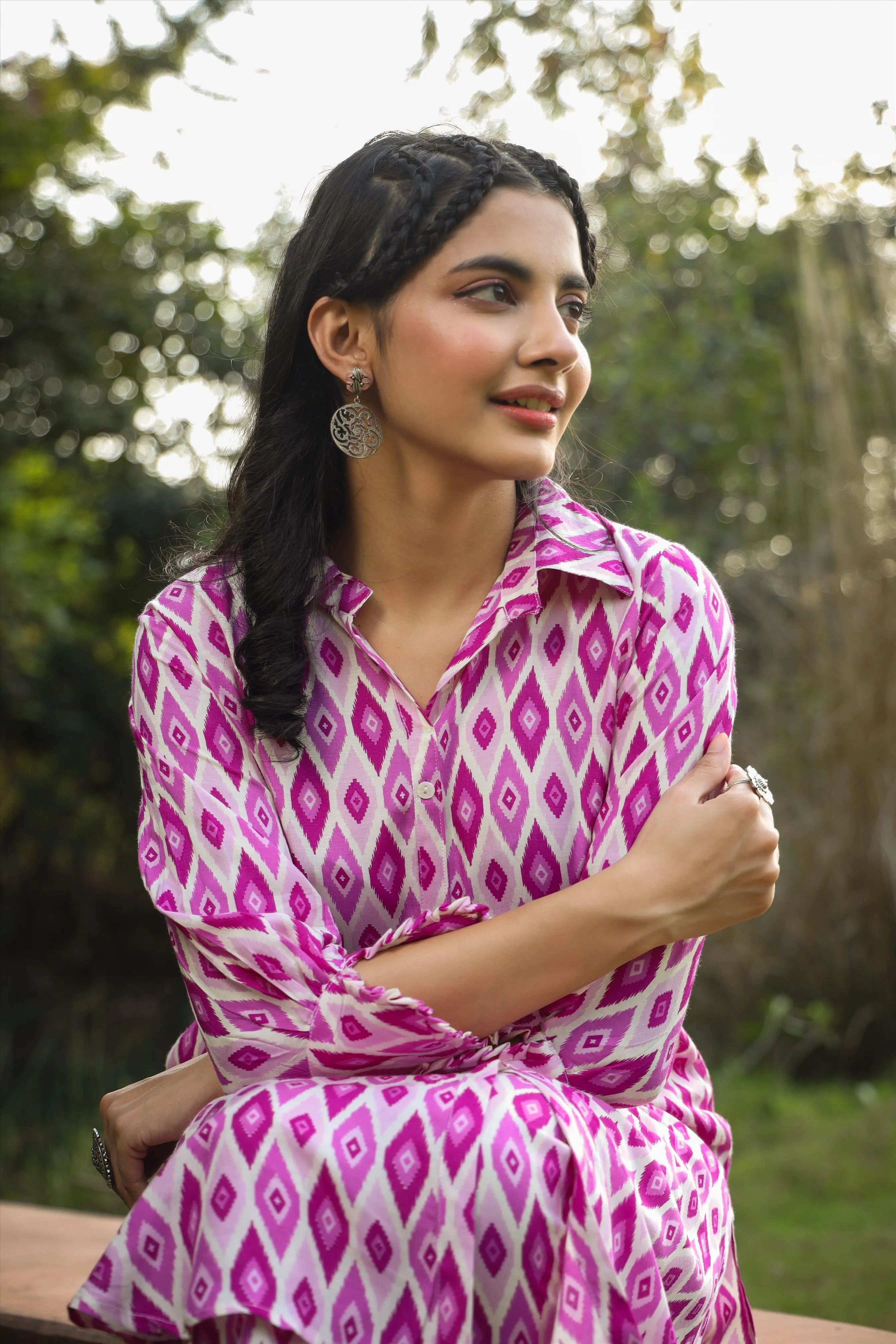 Purple Muslin Ikat Print Co-Ord Set