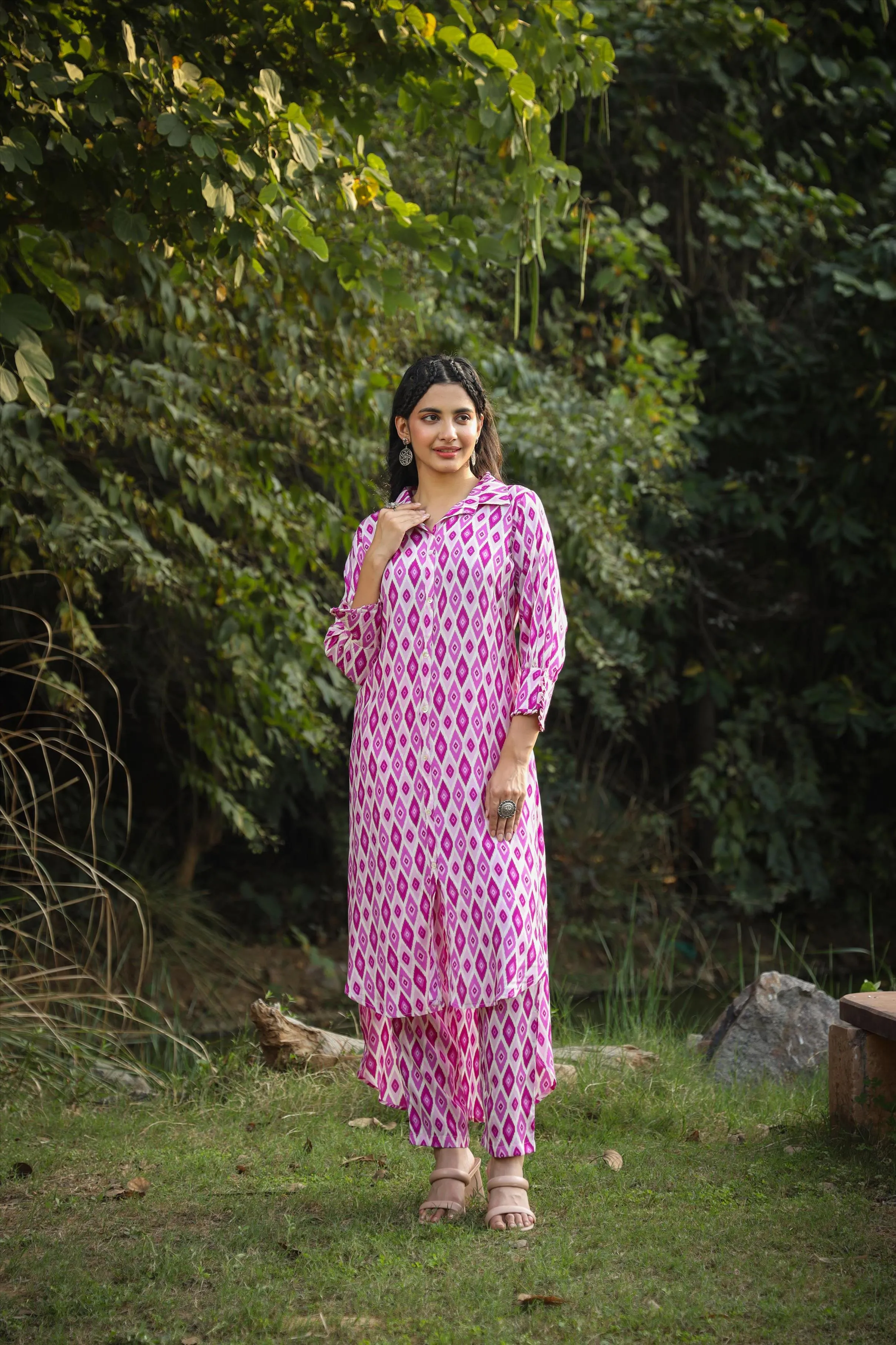 Purple Muslin Ikat Print Co-Ord Set