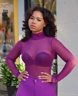 Purple Turtleneck Mesh Bodysuit