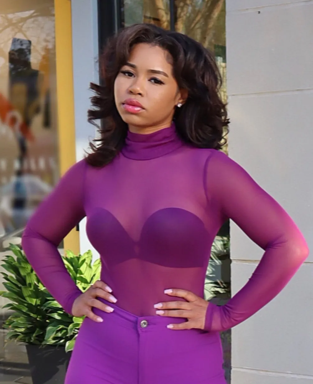 Purple Turtleneck Mesh Bodysuit