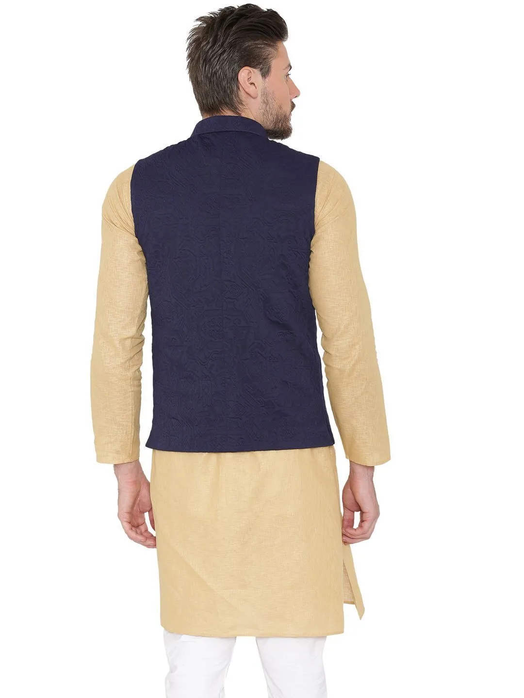 Rayon Embossed Blue Modi Nehru Jacket
