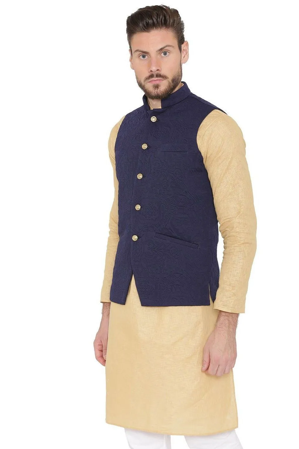 Rayon Embossed Blue Modi Nehru Jacket