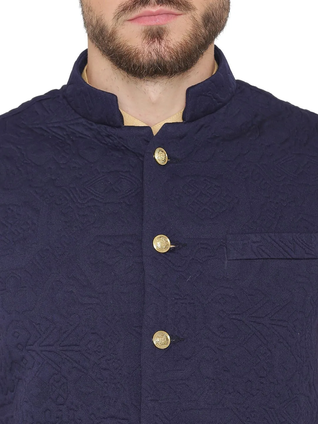 Rayon Embossed Blue Modi Nehru Jacket