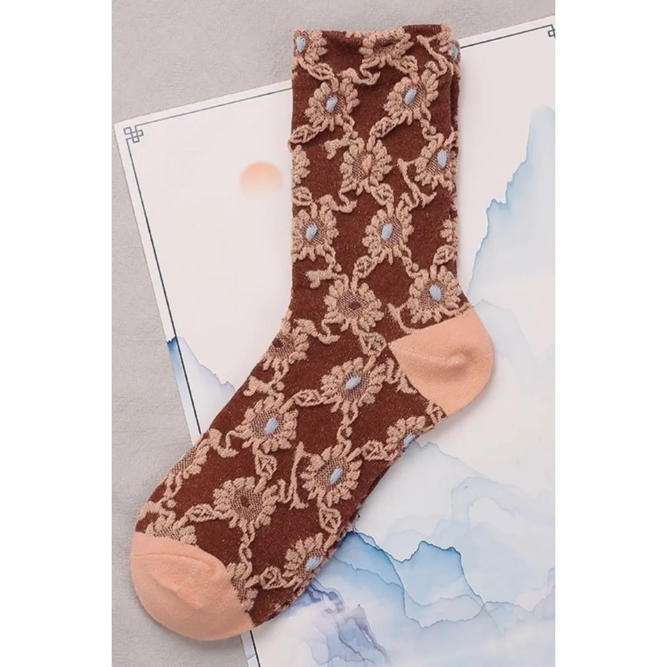 Rufia - Brown with Pink Flowers Embossed Women's Socks