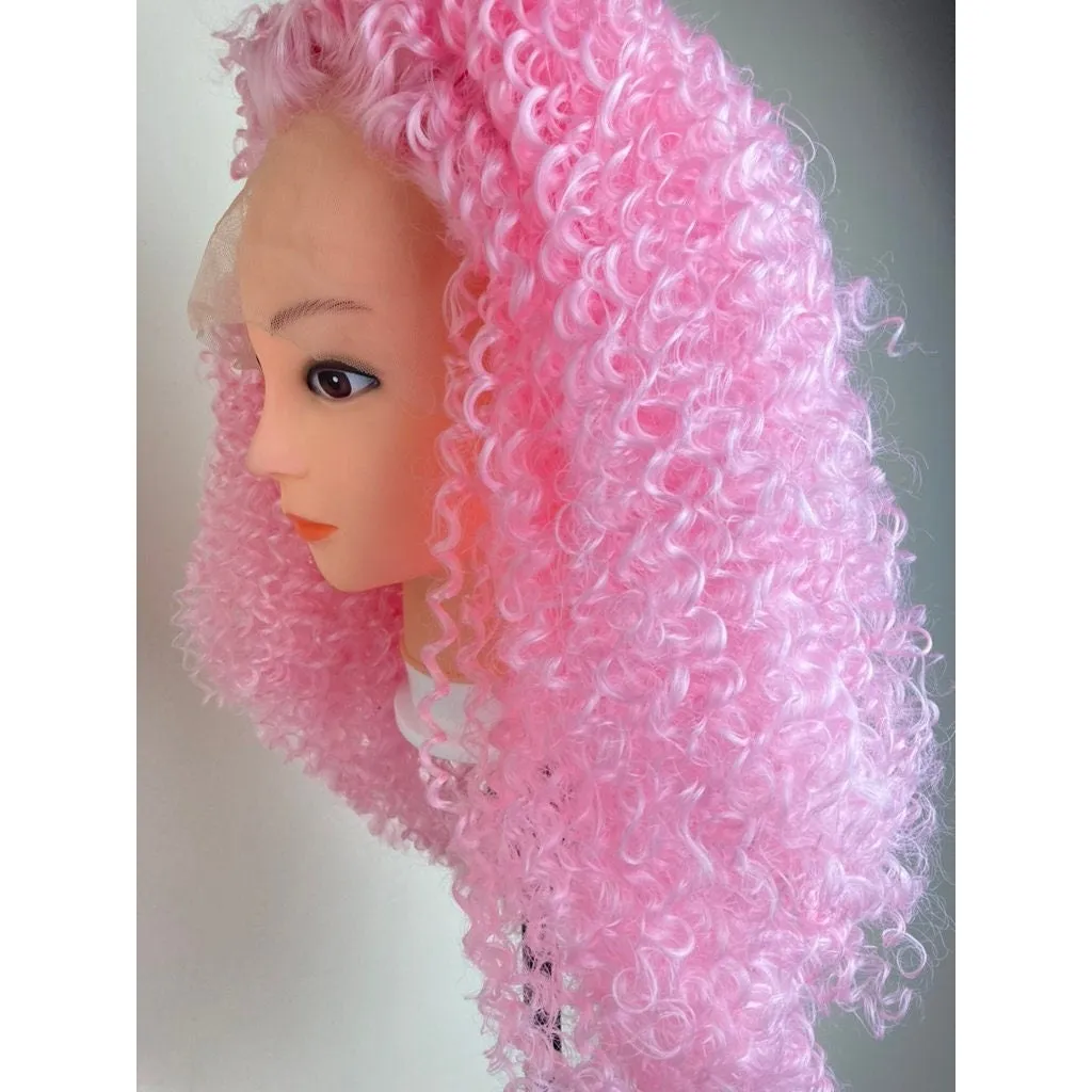Short Bob Kinky Curly Pink Wig,Afro Kinky Curly Lace Front Wig