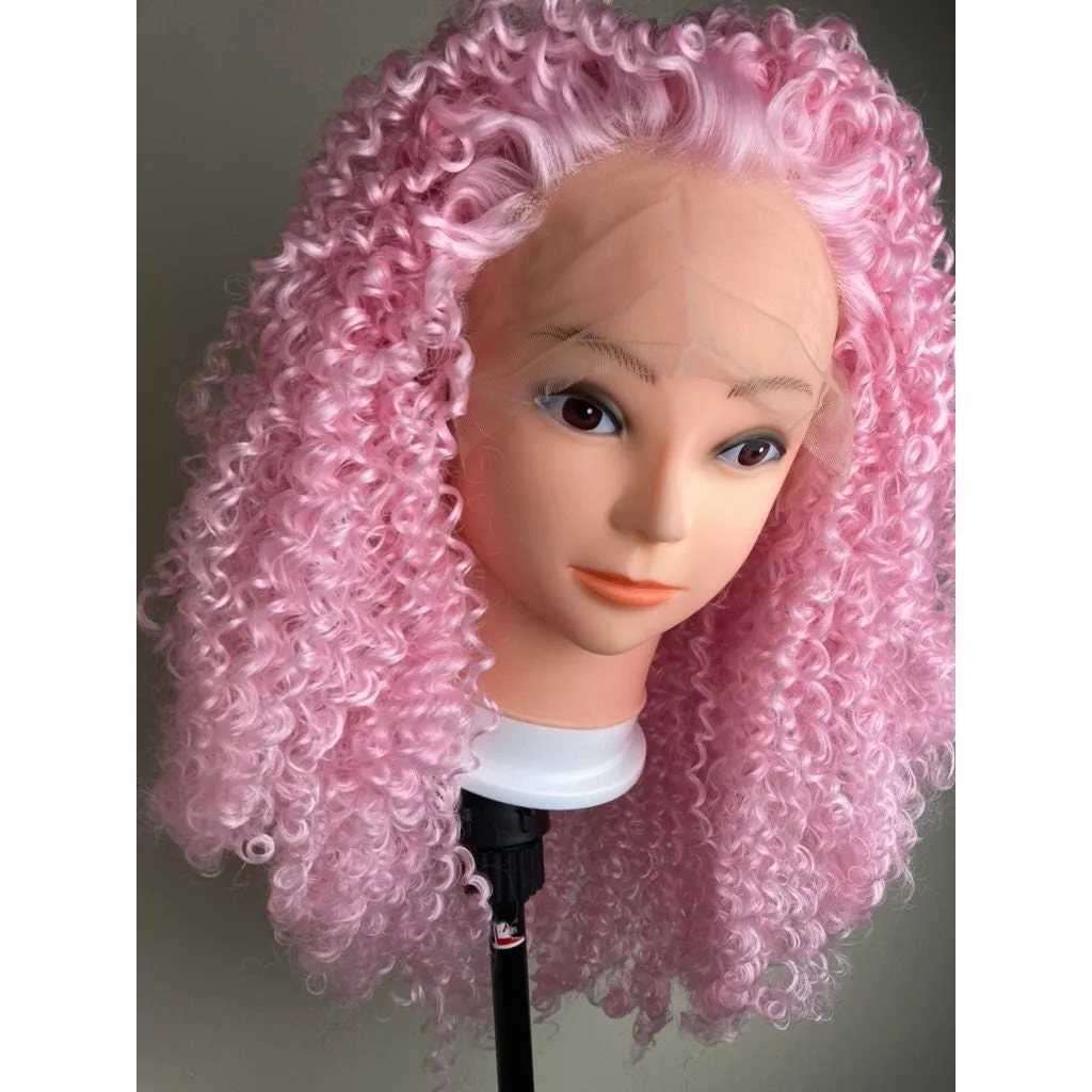 Short Bob Kinky Curly Pink Wig,Afro Kinky Curly Lace Front Wig