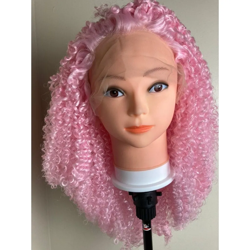 Short Bob Kinky Curly Pink Wig,Afro Kinky Curly Lace Front Wig