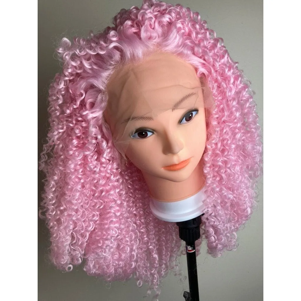 Short Bob Kinky Curly Pink Wig,Afro Kinky Curly Lace Front Wig