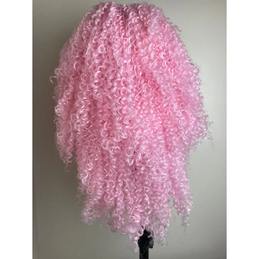 Short Bob Kinky Curly Pink Wig,Afro Kinky Curly Lace Front Wig