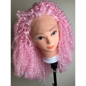 Short Bob Kinky Curly Pink Wig,Afro Kinky Curly Lace Front Wig