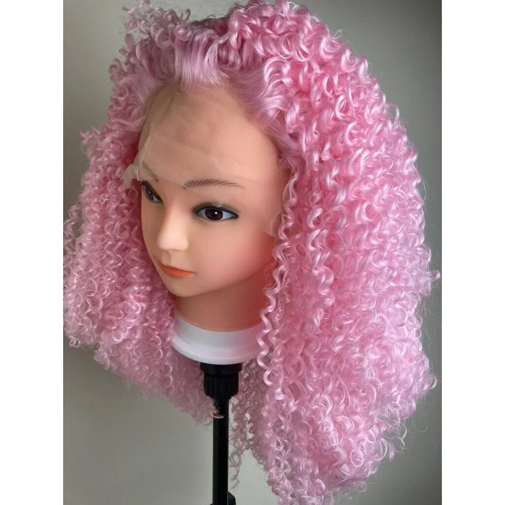 Short Bob Kinky Curly Pink Wig,Afro Kinky Curly Lace Front Wig