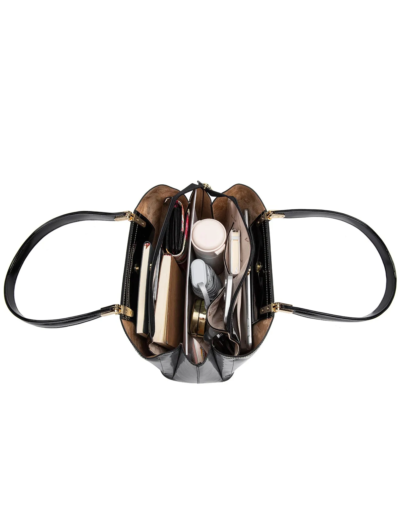 SOFIA VEGAN PATENT TRIPLE COMPARTMENT BAG- XB-2414-BLK