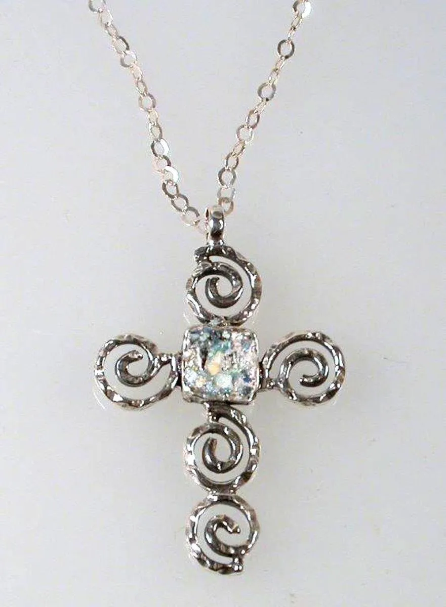 Sterling Silver cross with Roman Glass, "My Circle of Life Cross" , Silver Cross for woman