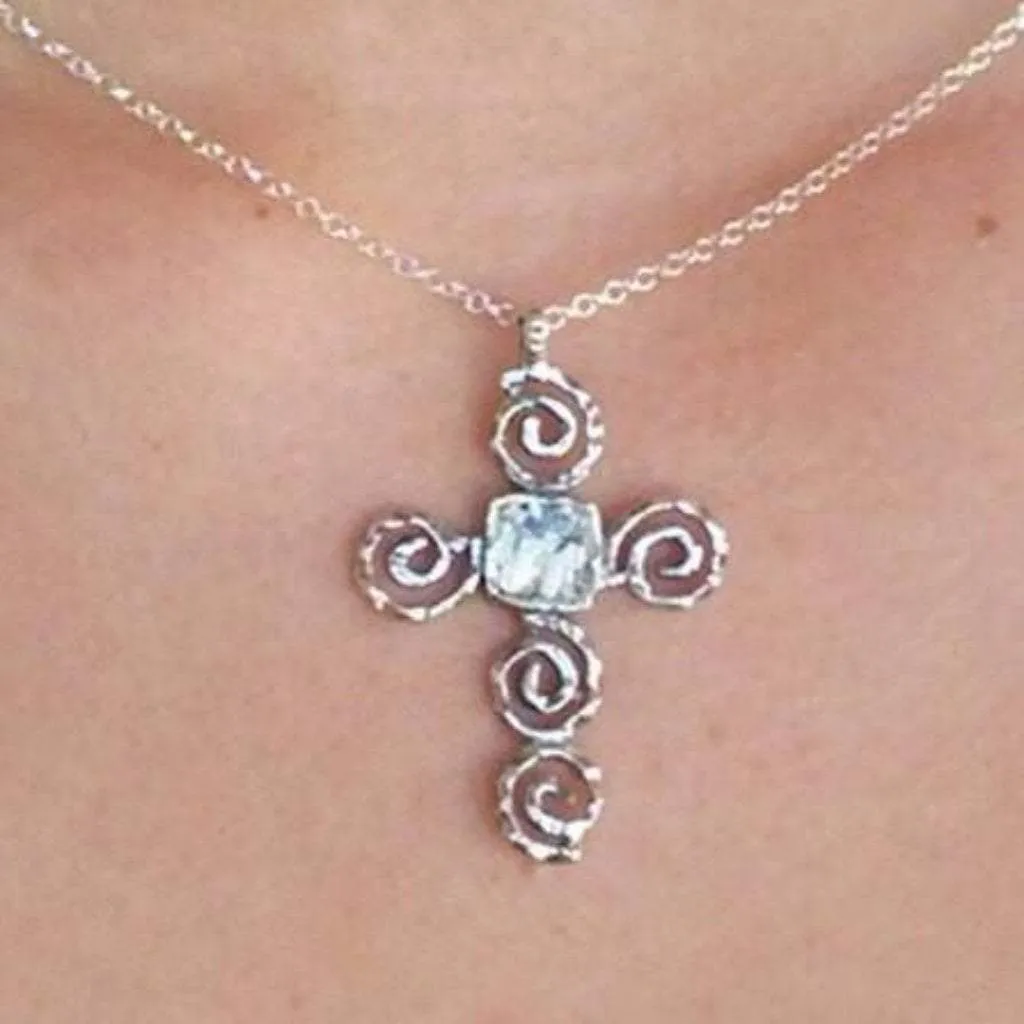 Sterling Silver cross with Roman Glass, "My Circle of Life Cross" , Silver Cross for woman