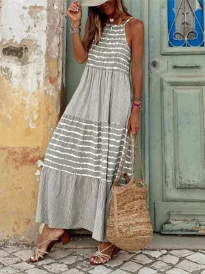 Striped Maxi Dress with Sleeveless Design and Tiered Swing