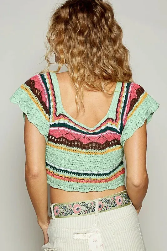 Teal Pattern Cropped Knit Top