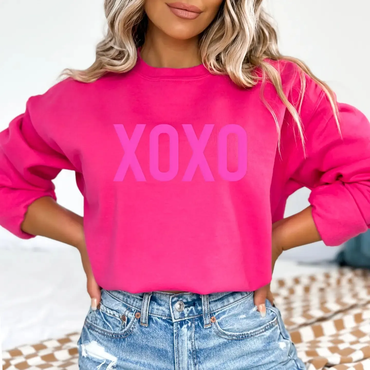 The White Invite XOXO Pink Embossed Puff Valentines Day Sweatshirt