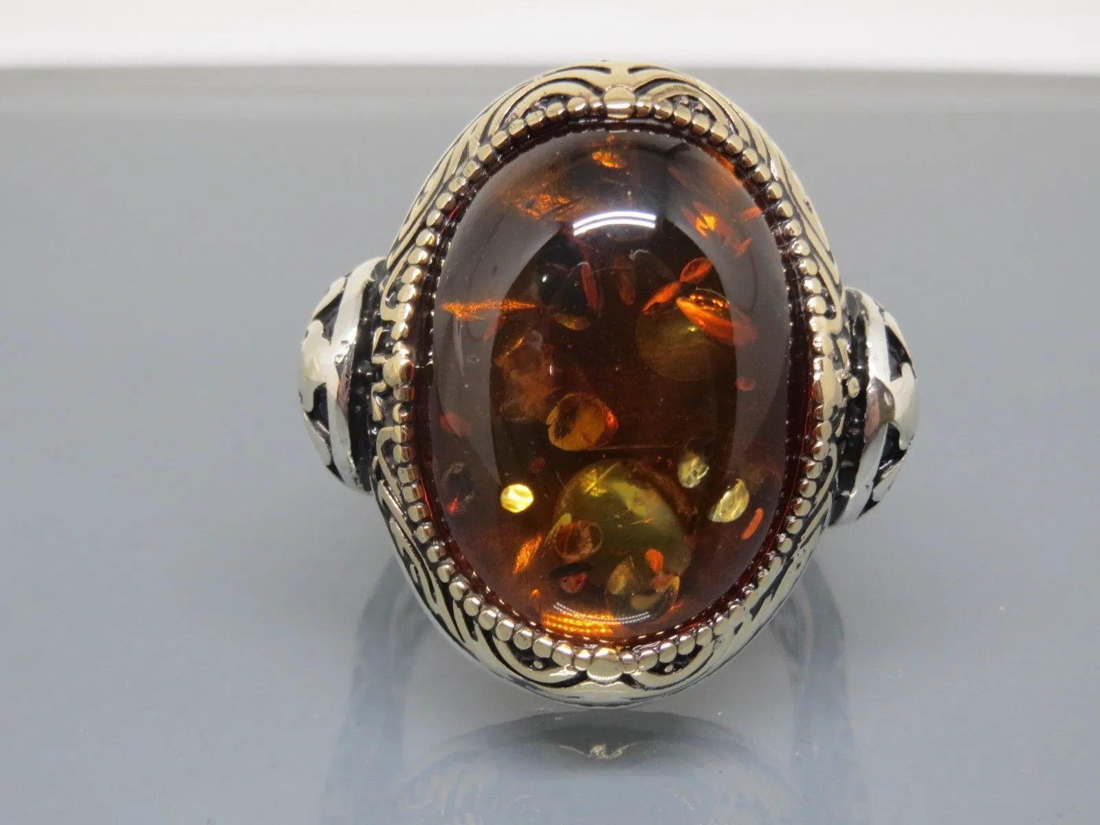 Turkish Handmade Jewelry 925 Sterling Silver Amber Stone Mens Rings