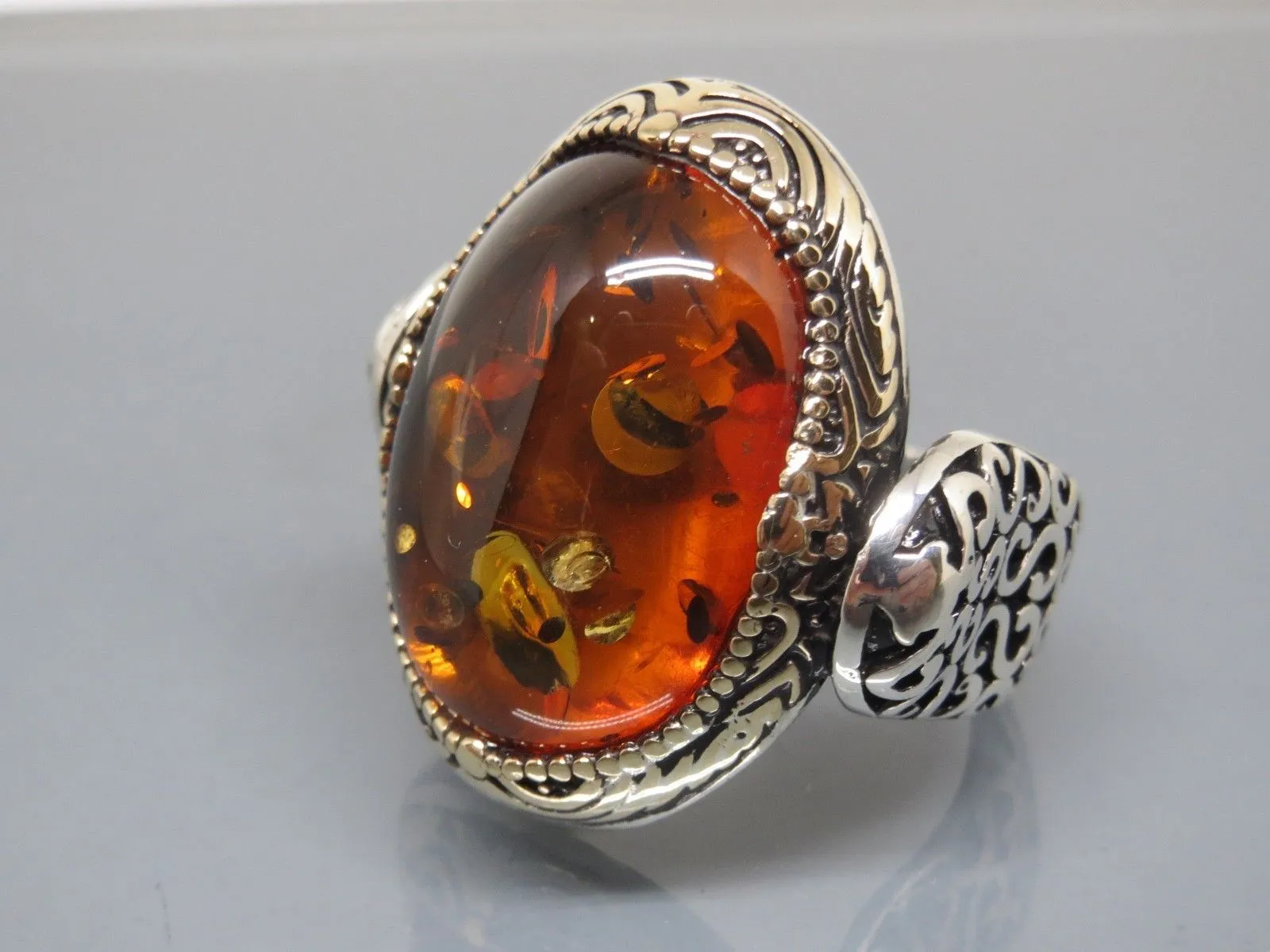 Turkish Handmade Jewelry 925 Sterling Silver Amber Stone Mens Rings