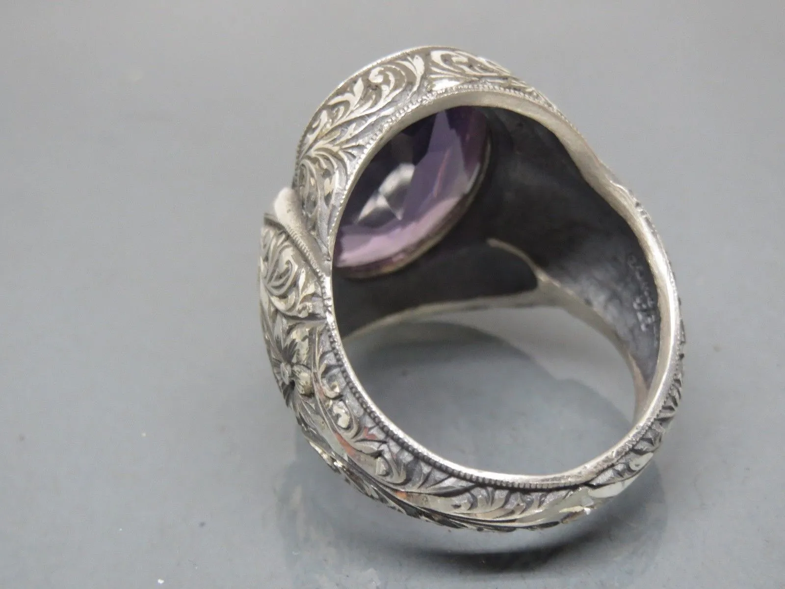 Turkish Handmade Jewelry 925 Sterling Silver Amethyst Stone Engraved Mens Rings