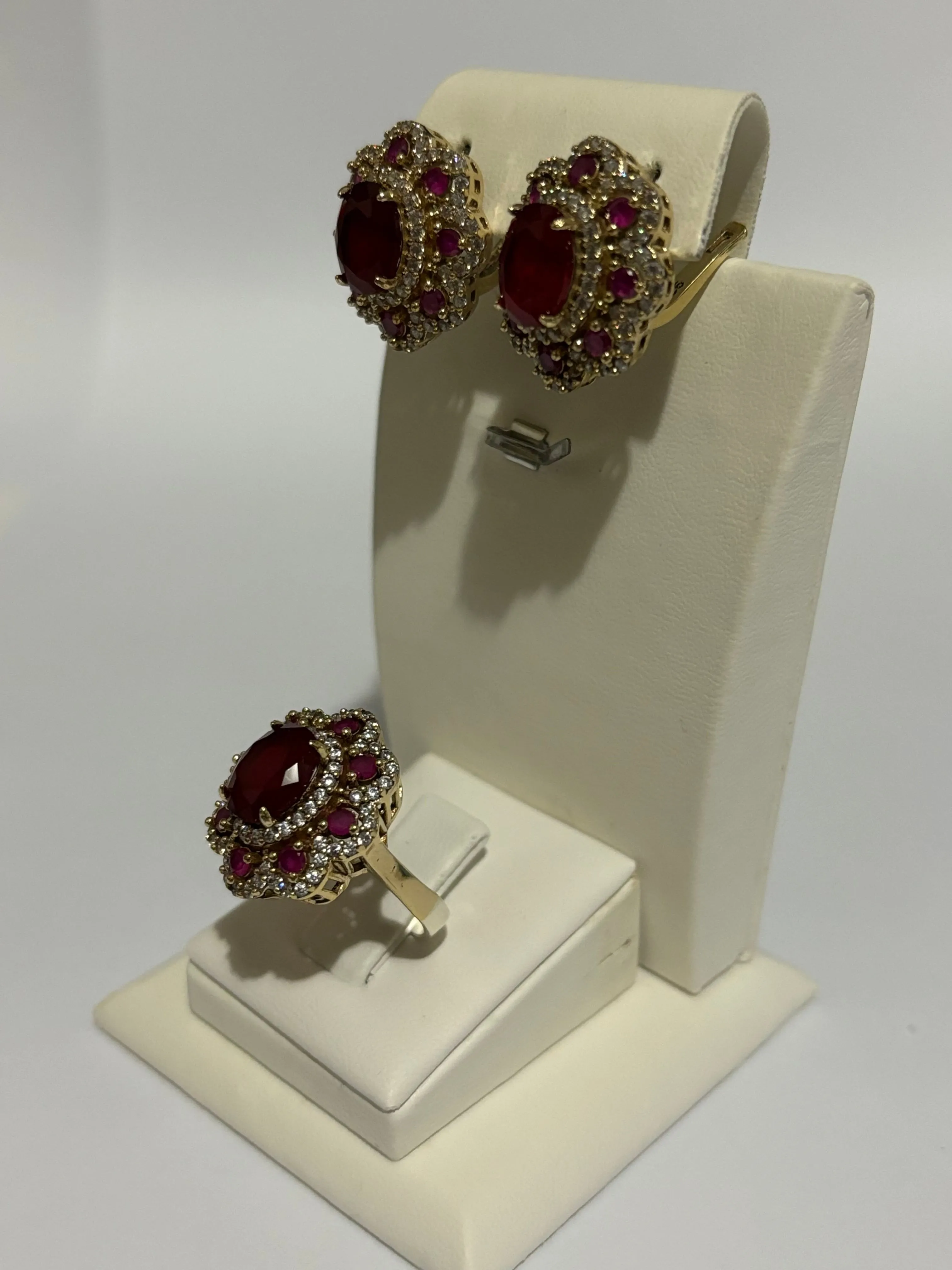 Turkish Handmade Jewelry 925 Sterling Silver Ruby Stone Women's Earrings & Ring Jewelry Set