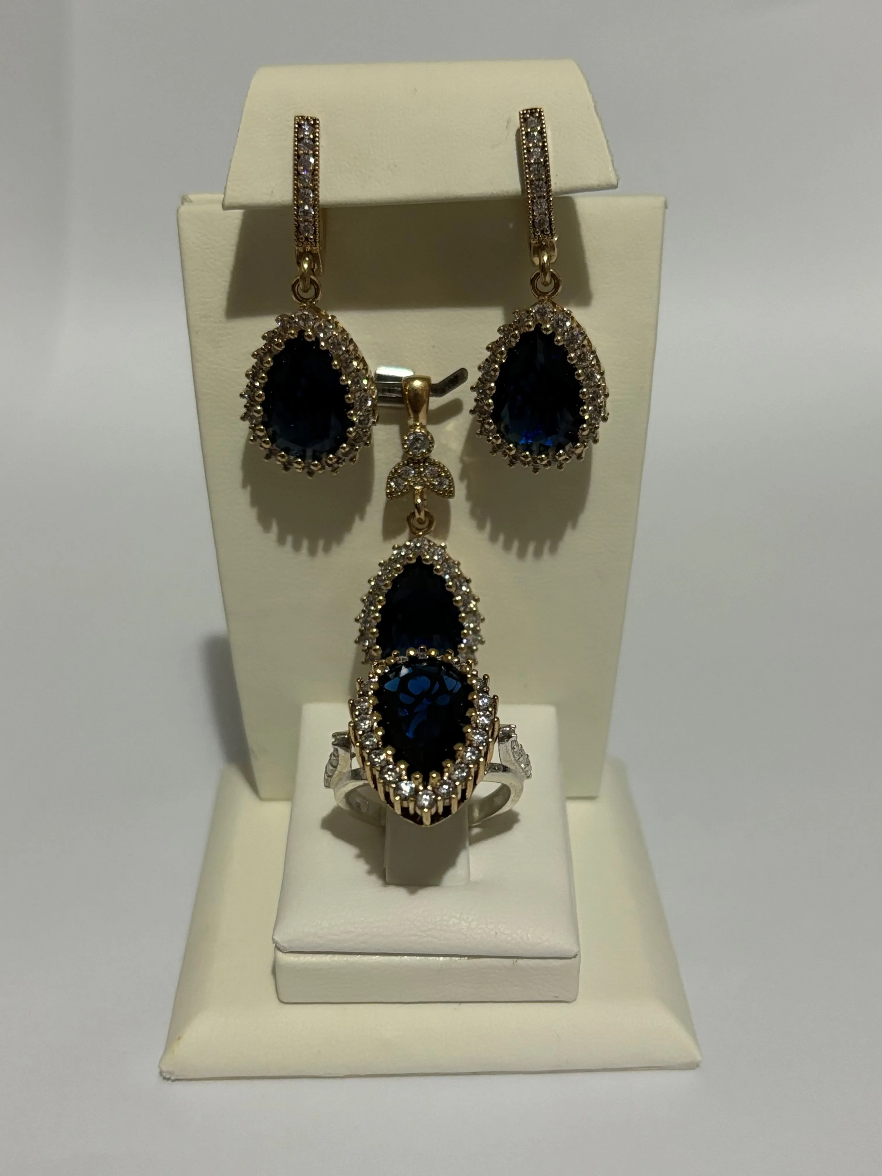Turkish Handmade Jewelry 925 Sterling Silver Sapphire Stone Women's Earring & Pendant & Ring Jewelry Set