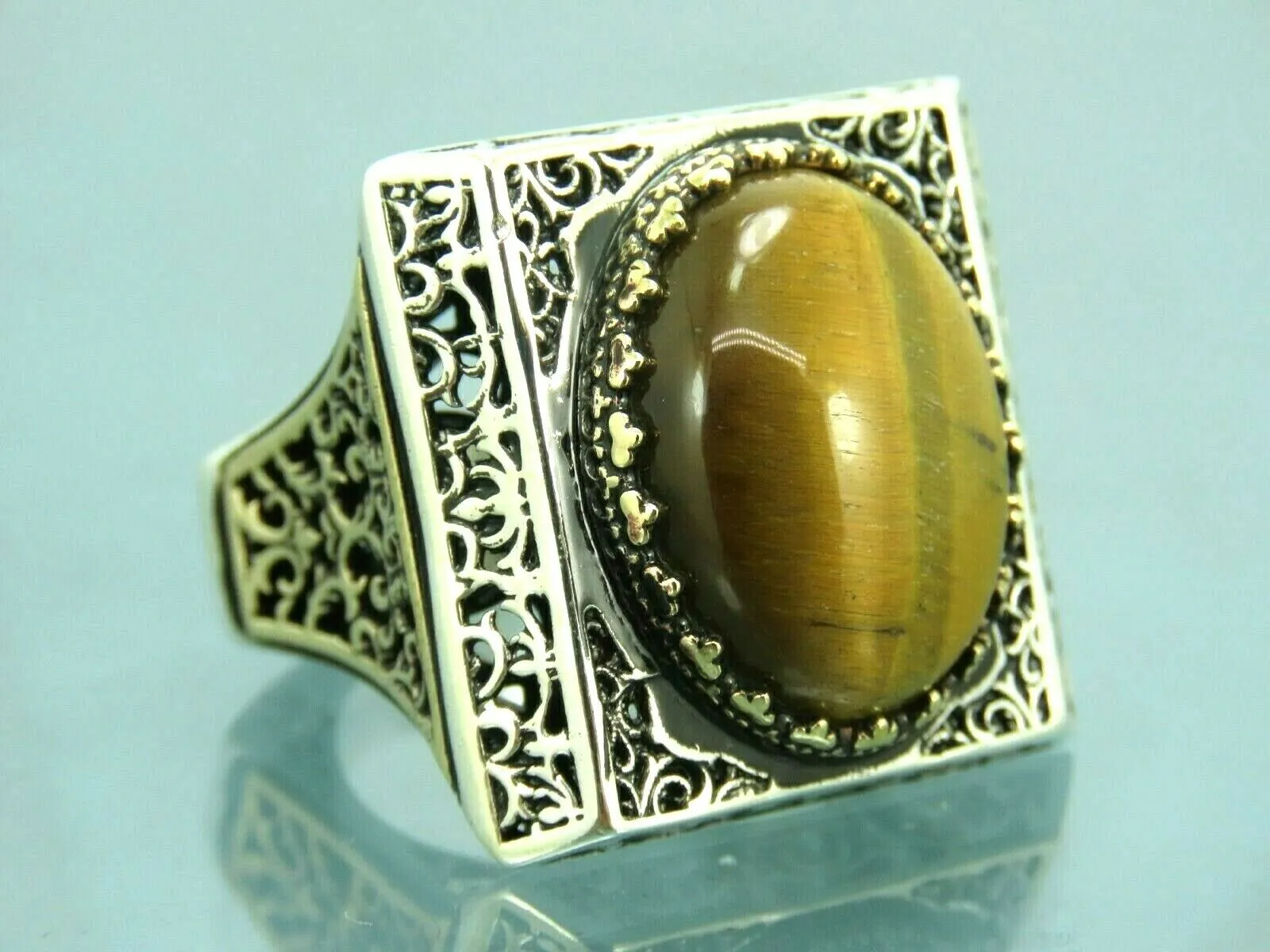 Turkish Handmade Jewelry 925 Sterling Silver Tiger's Eye Stone Mens Rings