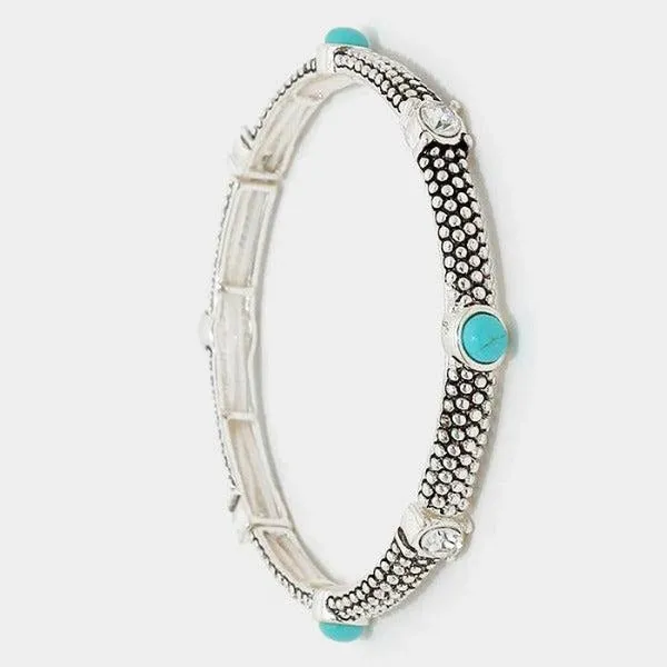 Turquoise Colored Stone & Crystal Embossed Silver Stretch Bracelet