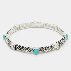 Turquoise Colored Stone & Crystal Embossed Silver Stretch Bracelet