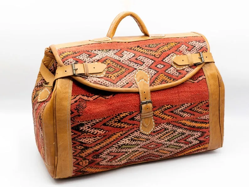 Unisex Duffel Bag with Kilim Accent - Handmade Boho Travel Bag
