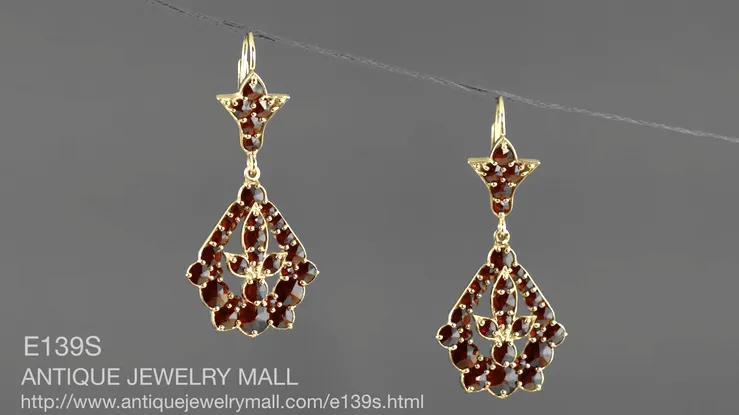 Victorian Bohemian Garnet Leaf Drop Earrings in 14 Karat Yellow Gold and Sterling Silver Vermeil