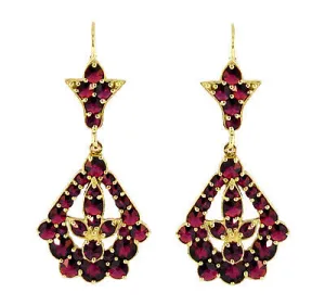 Victorian Bohemian Garnet Leaf Drop Earrings in 14 Karat Yellow Gold and Sterling Silver Vermeil