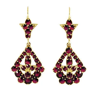 Victorian Bohemian Garnet Leaf Drop Earrings in 14 Karat Yellow Gold and Sterling Silver Vermeil