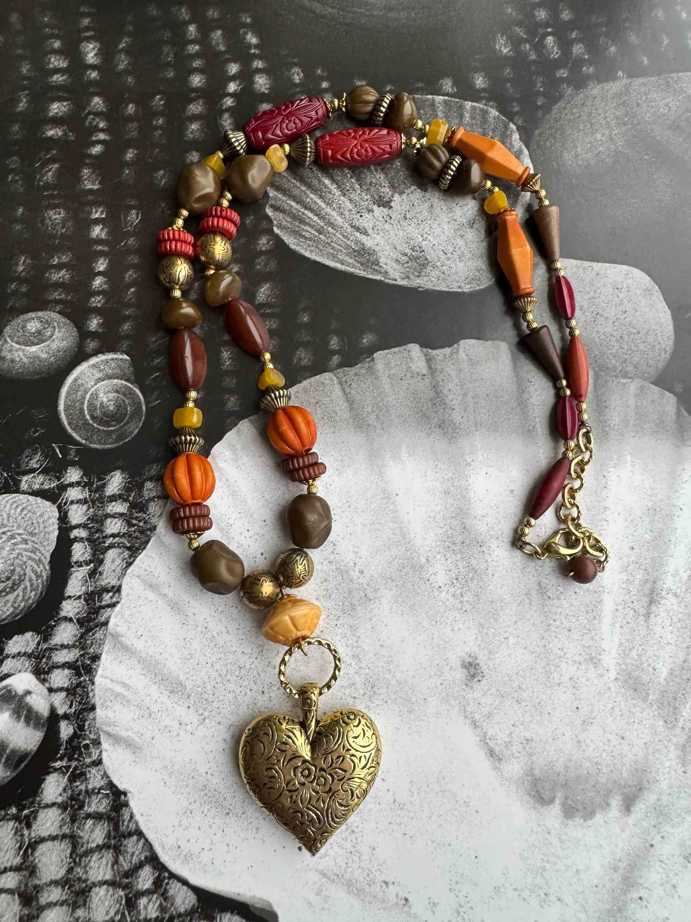 Vintage Bohemian Beaded Heart Pendant Necklace