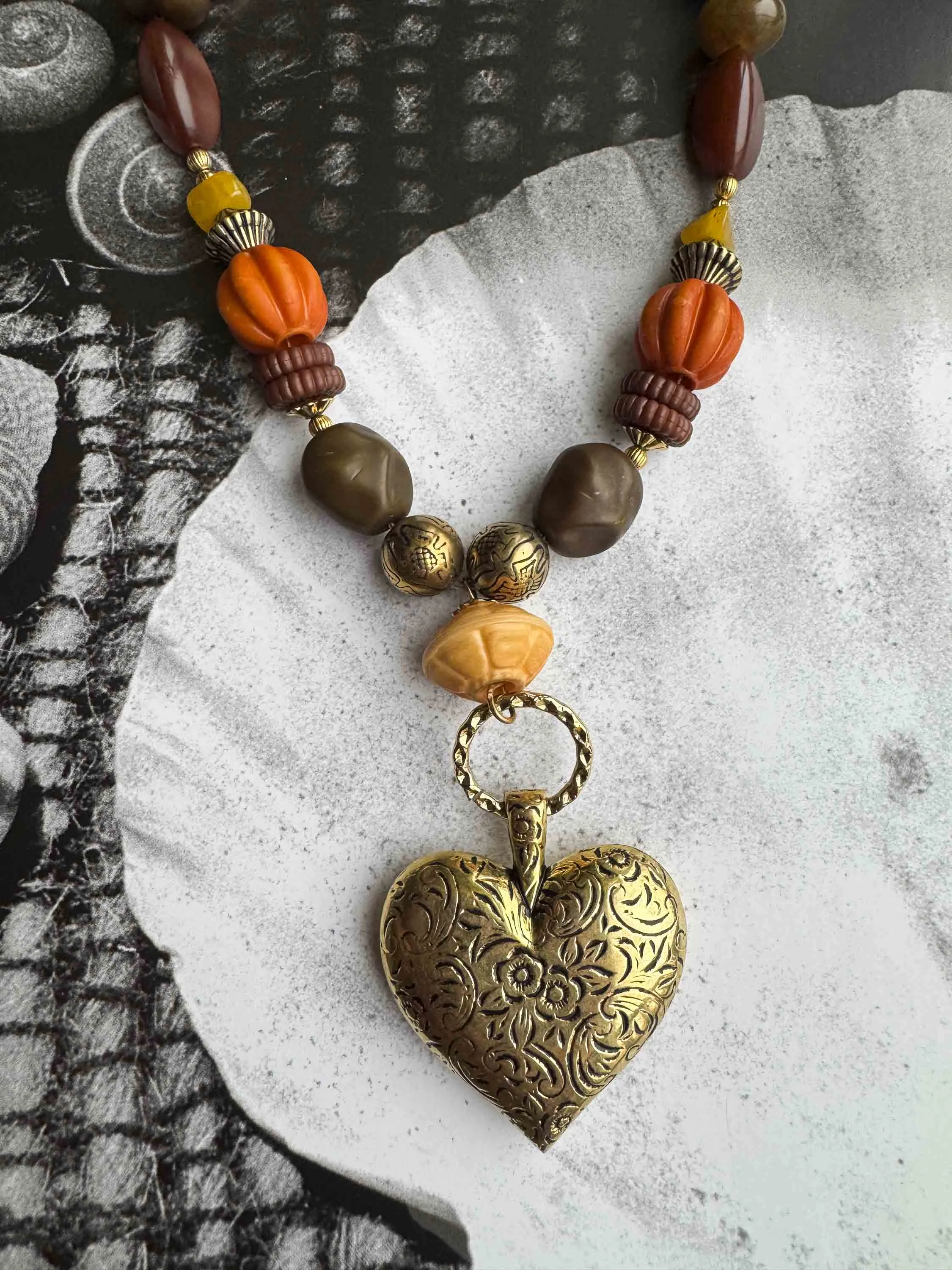 Vintage Bohemian Beaded Heart Pendant Necklace