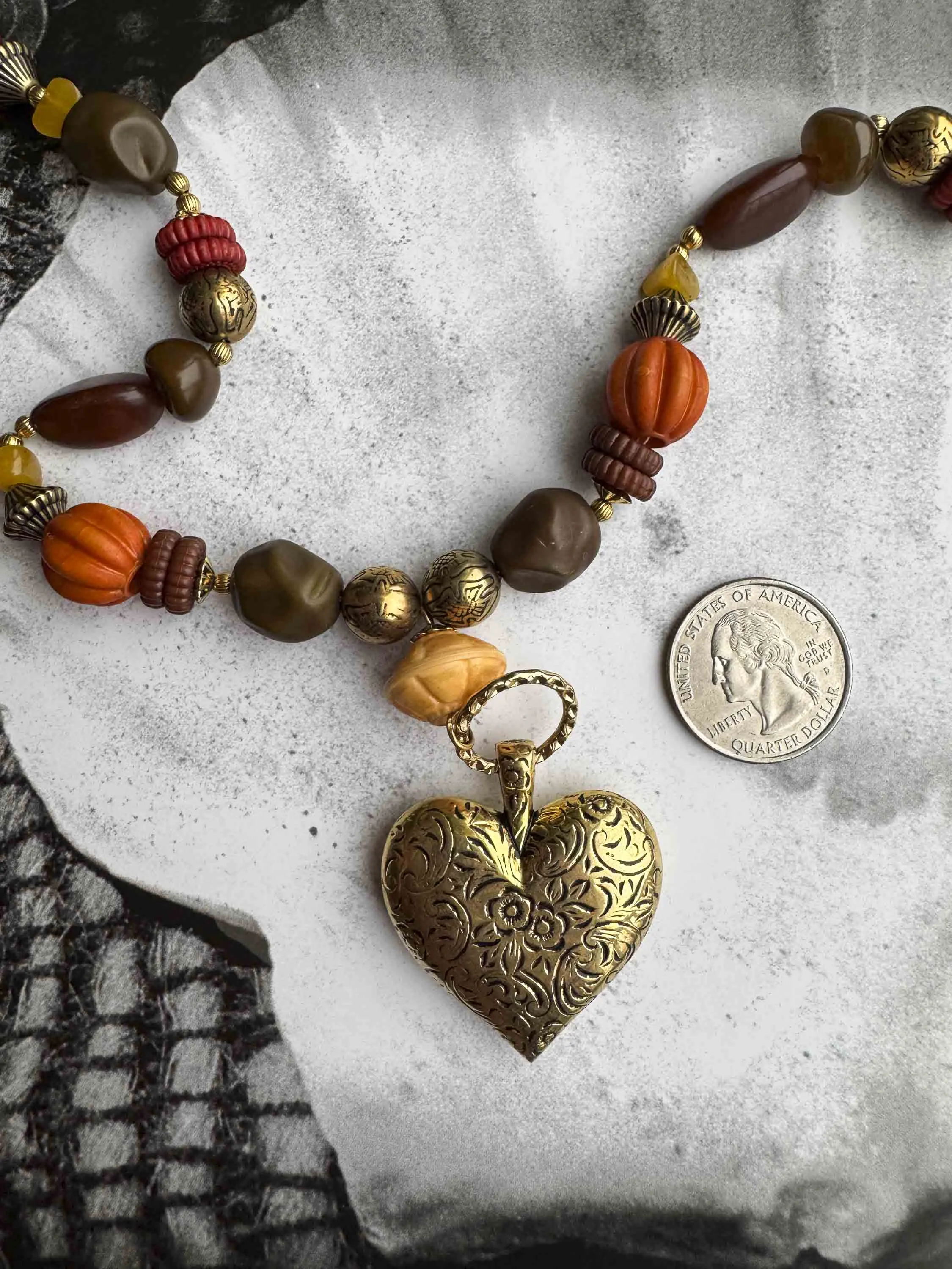 Vintage Bohemian Beaded Heart Pendant Necklace