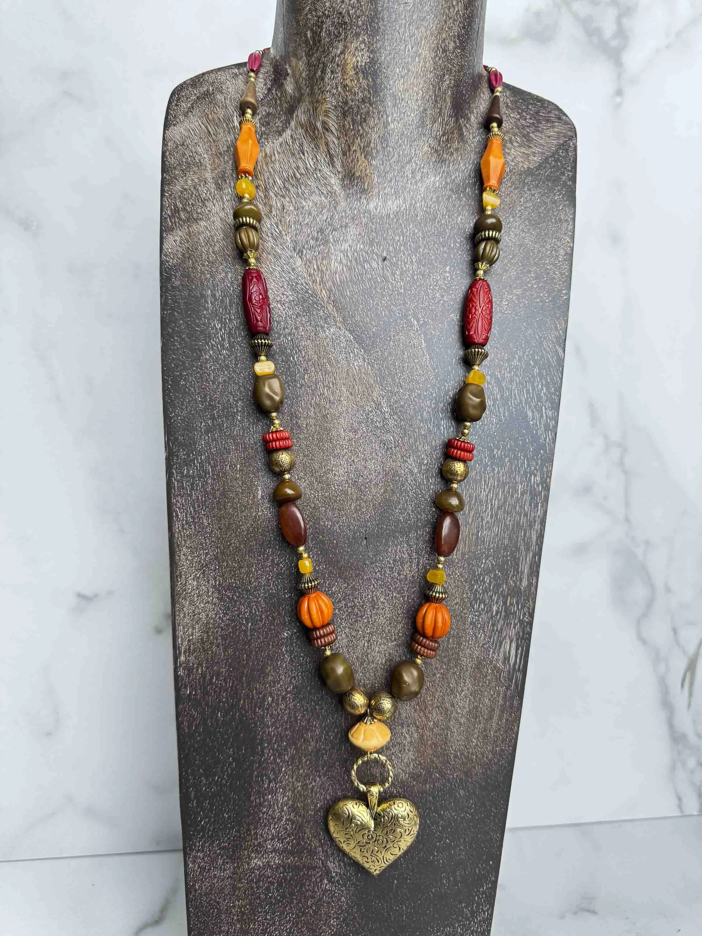Vintage Bohemian Beaded Heart Pendant Necklace