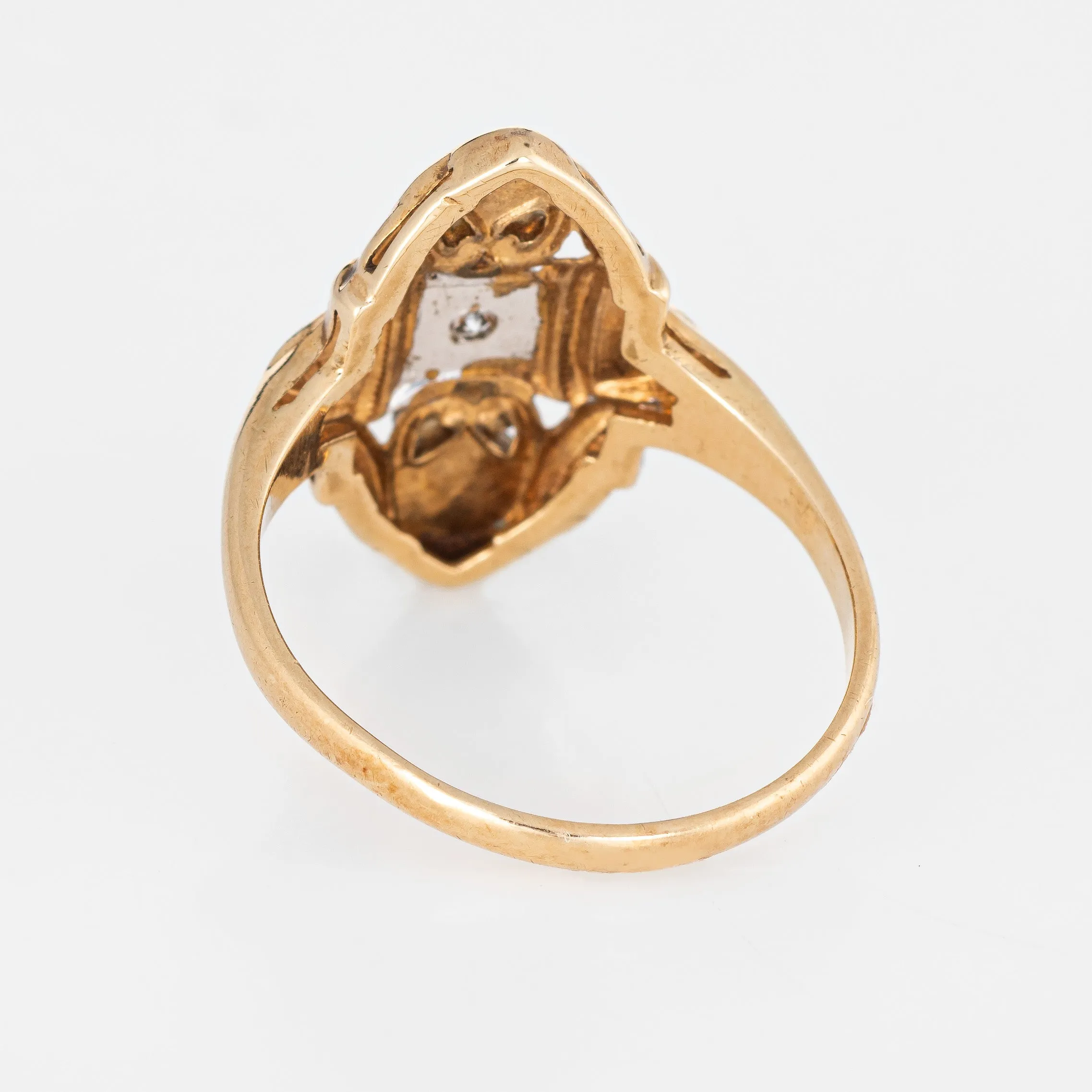 Vintage Diamond Shield Ring 14k Two Tone Yellow Gold Estate Fine Jewelry Sz 7.25